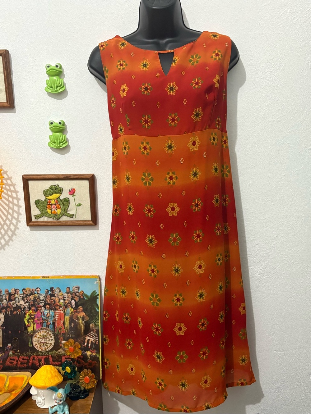 Vintage Y2K Sleeveless Red-Orange Floral A-Line Sheer Overlay Whimsigoth Dress